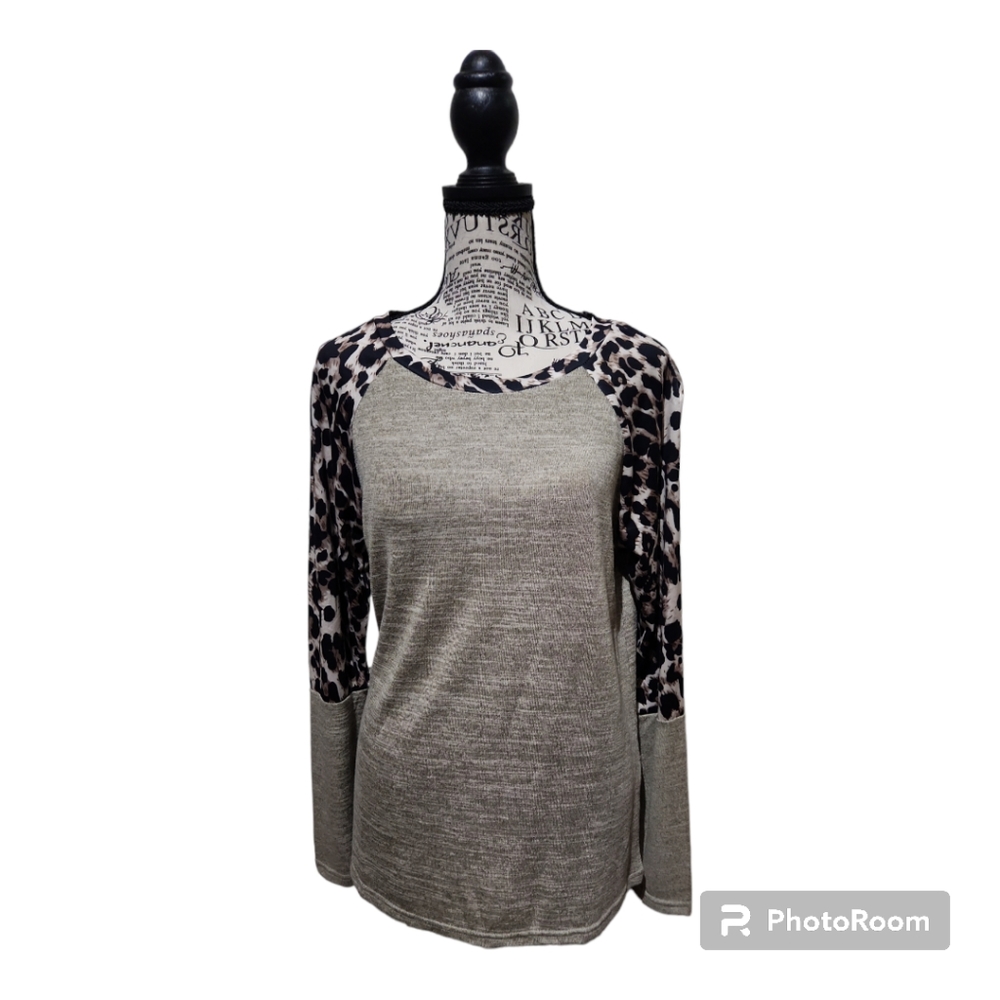 Women Long Sleeves Raglan Shirts Leopard Rib Knit Tops Crew Neck Soft Fitted Tee